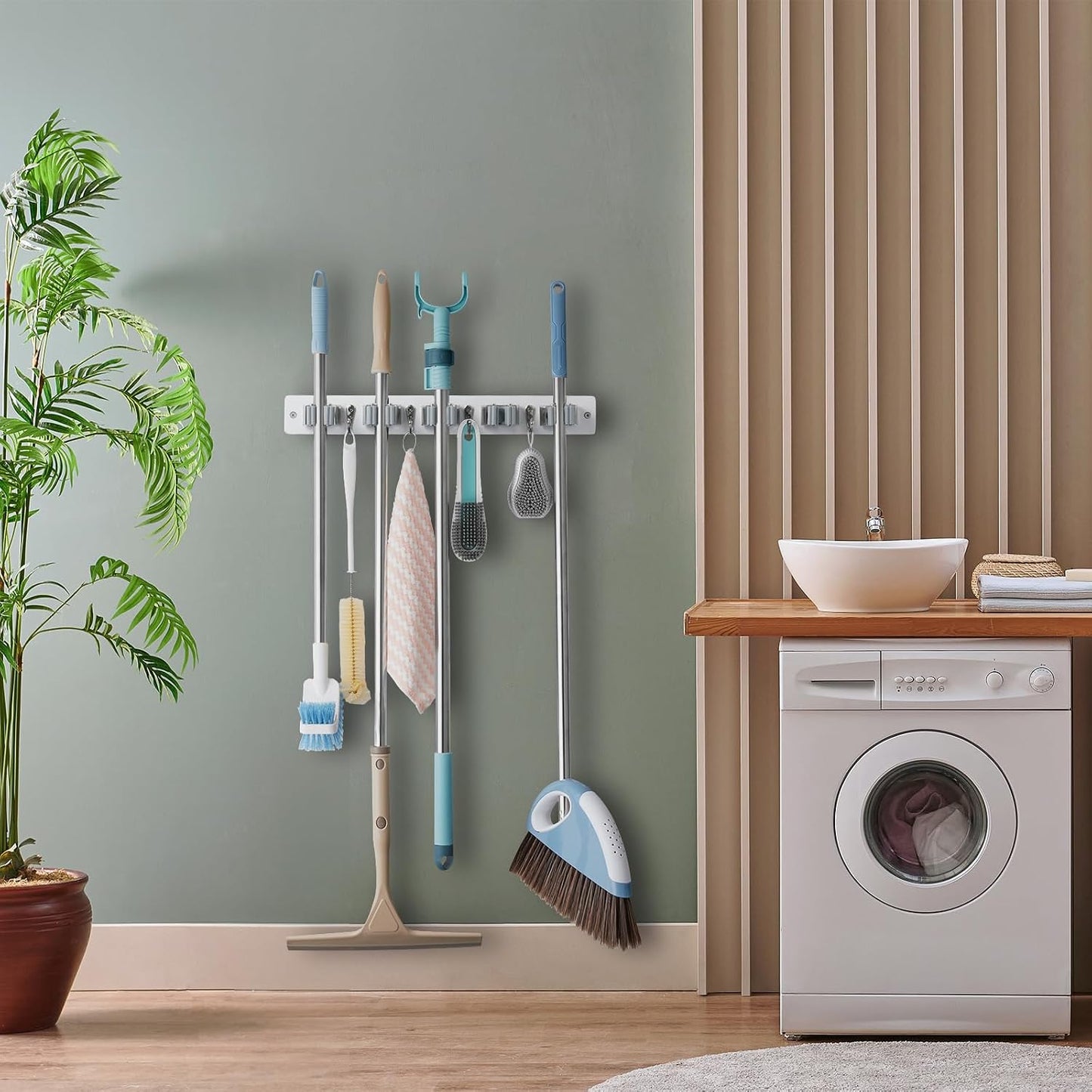 OUTNILI Mop and Broom Holder Wall Mount - White Broom Mop Hanger - Wall Mounted Garden Tool Rack Organizer for Closet Garage Laundry Room Kitchen Decor With 5 Slots & 4 Hooks