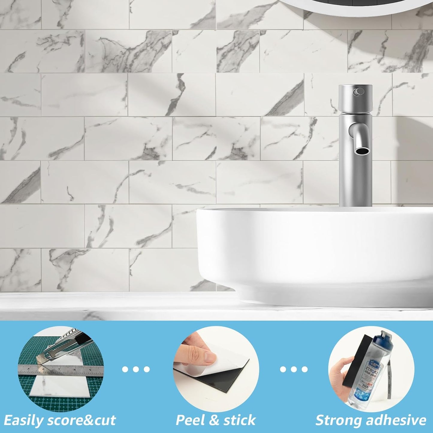 Art3d 102-Piece Peel and Stick Wall Tile for Kitchen Backsplash, Bathroom, Fireplace, 3in. × 6in. Stick on Subway Tile, Glossy White