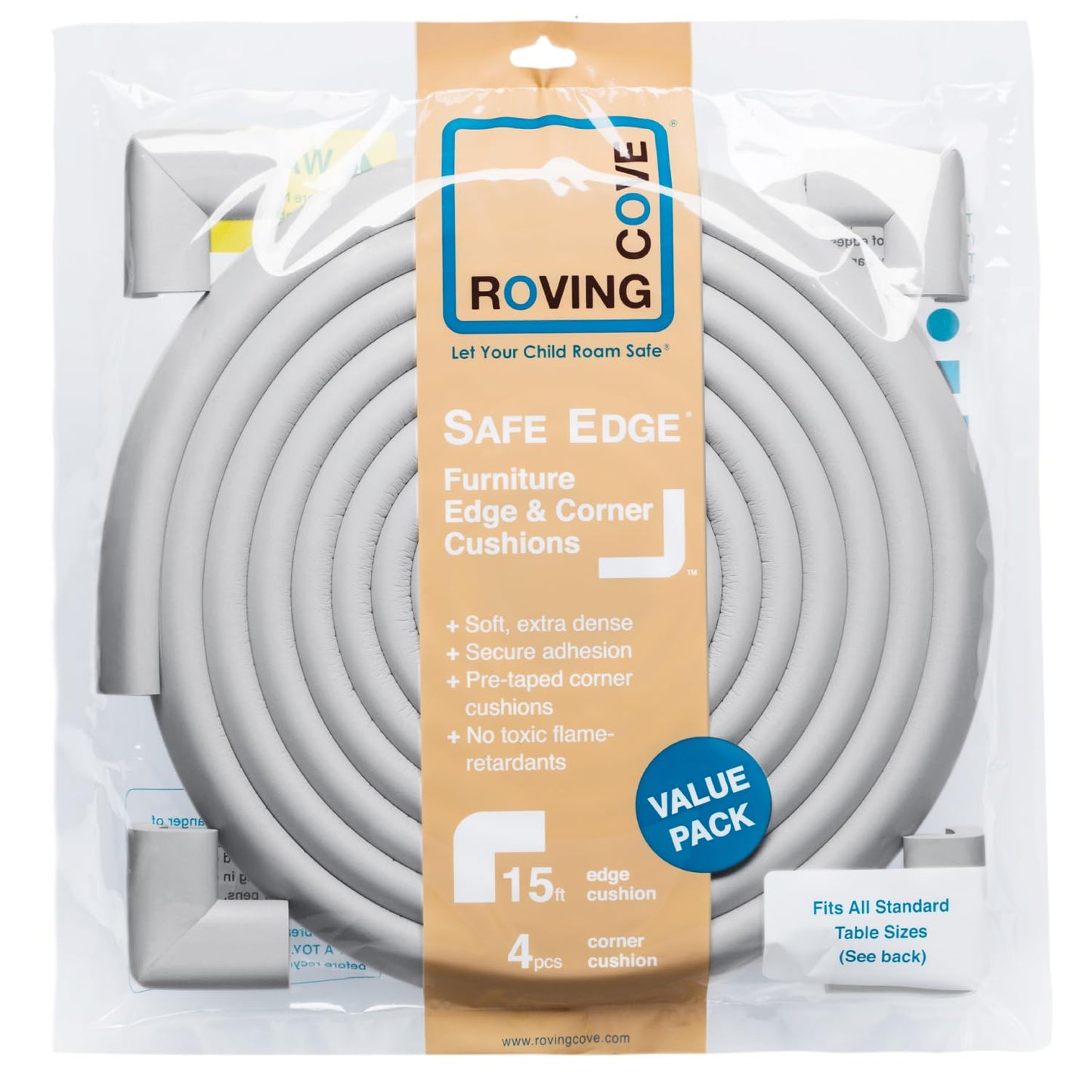 Roving Cove Slimfit Corner Edge Protector for Baby Proofing (Small 15ft Edge 4 Corners), Furniture Safety Bumper Guard, Soft NBR Rubber Foam, 3M Adhesive, Oyster White (Off White)