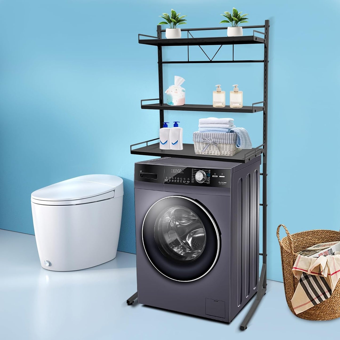 Over Washer and Dryer Shelves, Multi-functional 3 Tier Washing Machine Shelf, Laundry Room Storage Shelf, Space Saving Washing Machine Rack, Load Capacity 66 lbs (Black, 26.8'' x 18.3'' x 64'')