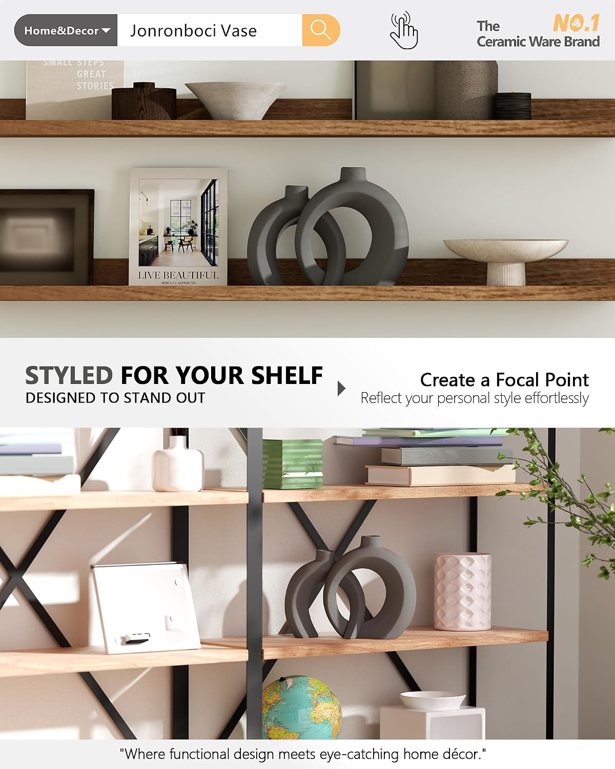 7.2″Hx8.9″H Donut Shape Decorative Vase Set of 2, Ceramic, Modern Minimalism Styles, Flowers or Plant Table Vases for Home Decor Living Room Shelf Entry Console Mantle Dining Centerpiece (Matte White)