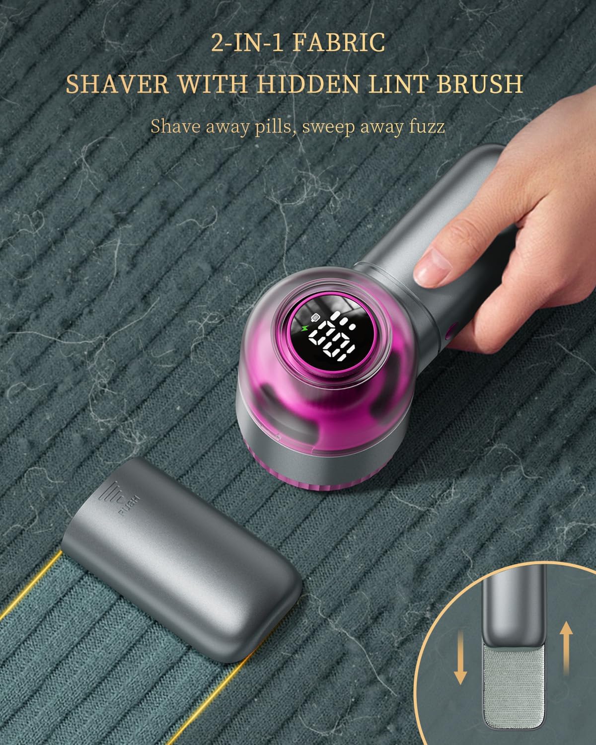 Fabric Shaver, 𝟮 𝗶𝗻 𝟭 Rechargeable Lint Remover with Brush, Large Sweater Shaver with Digital Display, 3 Speeds Lint Shaver, 6-Leaf Blades Lint Remover for Clothes, Sofa, Bedding, White