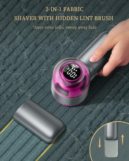 Fabric Shaver, 𝟮 𝗶𝗻 𝟭 Rechargeable Lint Remover with Brush, Large Sweater Shaver with Digital Display, 3 Speeds Lint Shaver, 6-Leaf Blades Lint Remover for Clothes, Sofa, Bedding, White