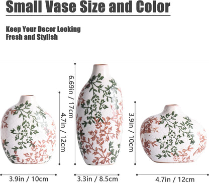 Small Ceramic Vase Set of 3,Bulk Mini Bud Vases for Flowers and Pampas Grass,Cute Boho Ellipse Home Decor for Coffee Table Centerpieces,Living Room,Office,Bookshelf,Entryway Decor (Green Floral)