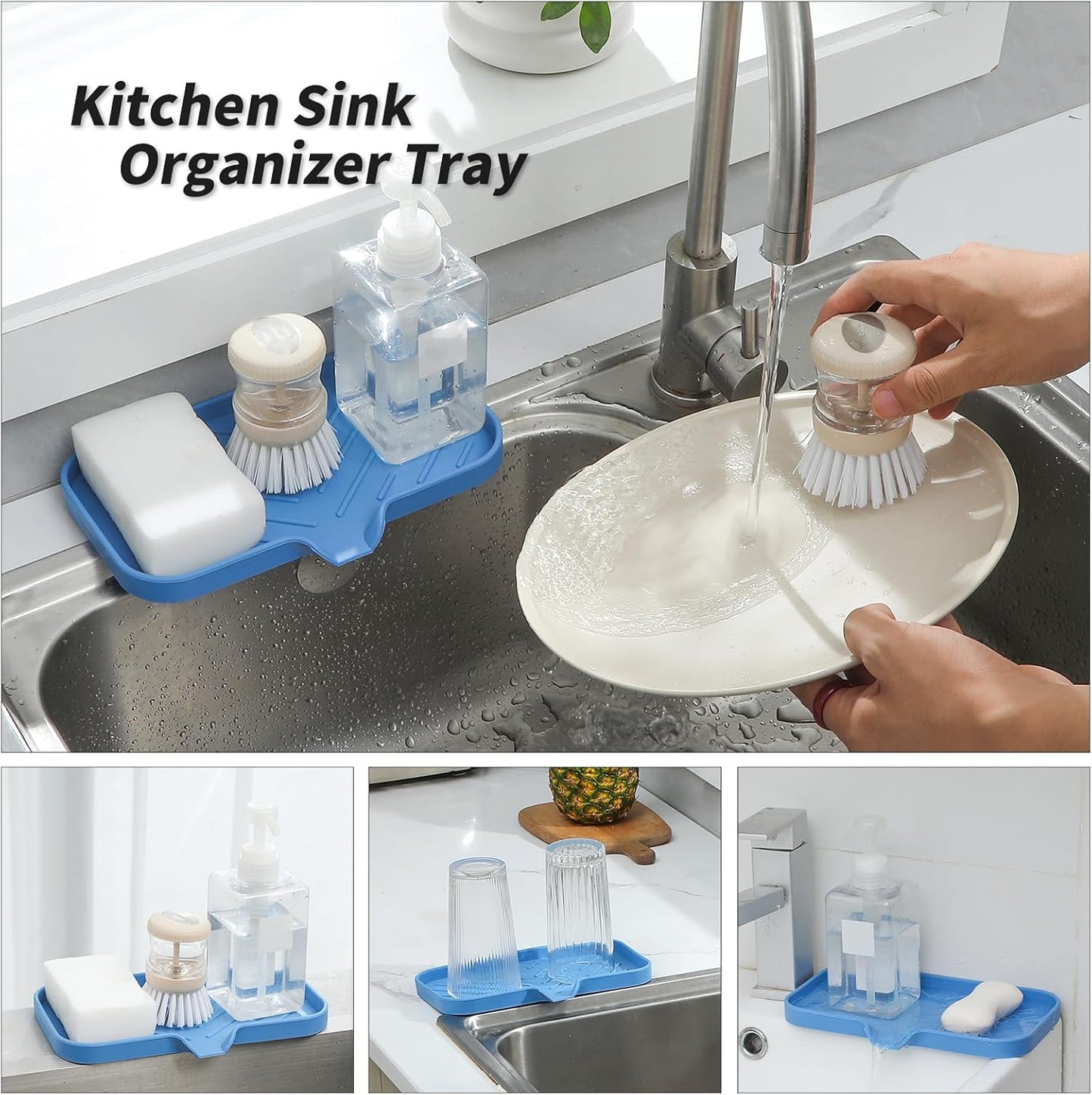 MicoYang Silicone Bathroom Soap Dishes with Drain Spout-Bathroom and Kitchen Sink Organizer,Sponge Holder,Dish Soap Tray,Perfect for Dispenser,Scrubber,Bottle,Cup on Sink or Counter-Coffee 4.9"×3.2"