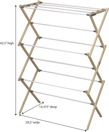 Household Essentials X-Frame Clothes Drying Rack, Stabile Wood Frame with Slanted Feet, Smooth Vinyl Wrapped Rods, 23.8 Feet of Hanging Space, Ready to Assemble, Flat Top, Natural