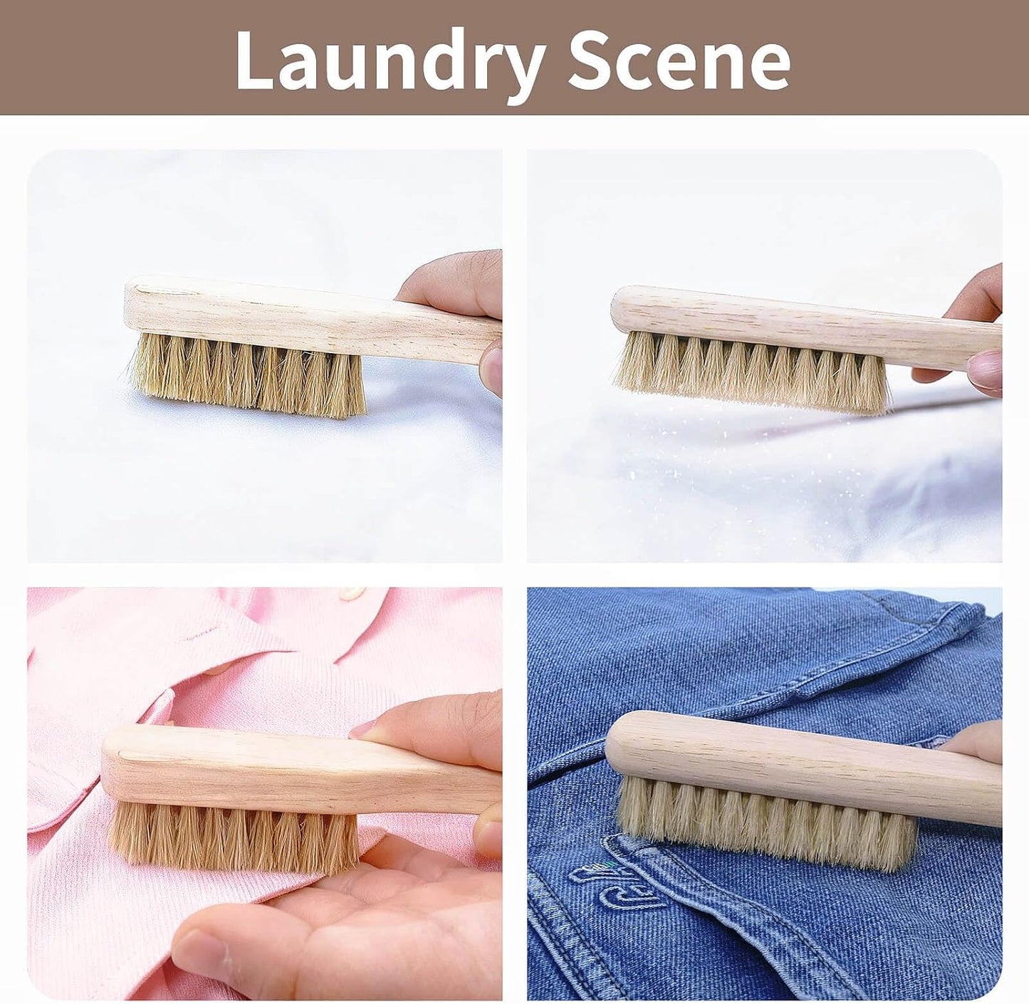 Wood Laundry Stain Brush with Boar Bristle, Tough Stain Remover for Delicate Fabric, Cotton, Linens, and Shoes, Laundry Scrub Brush for Fresh and Clean Fabric