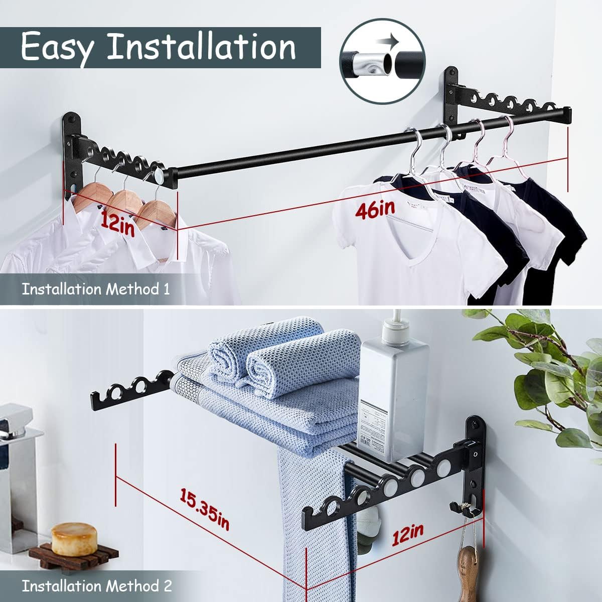 Clothes Drying Rack Wall Mounted Drying Racks for Laundry Room Organization and Storage Clothes Rack，Aluminum Dryer Rack with Two Drying Rods for Hanging Wet and Dry Clothes