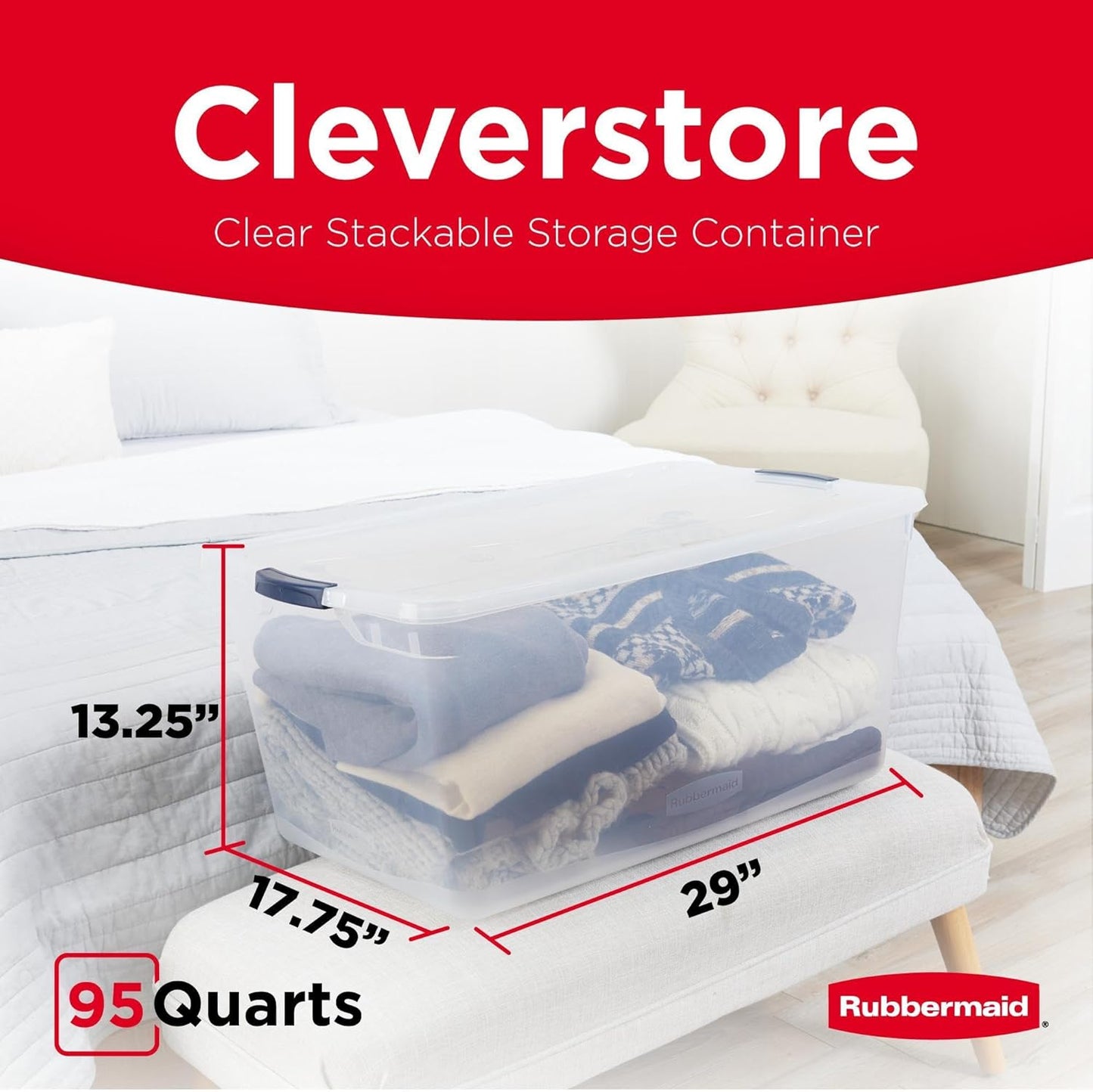 Rubbermaid Cleverstore 42 Quart Stackable Plastic Storage Bin with Lids for Garage, Closet, and Classroom, Clear, 4 Pack
