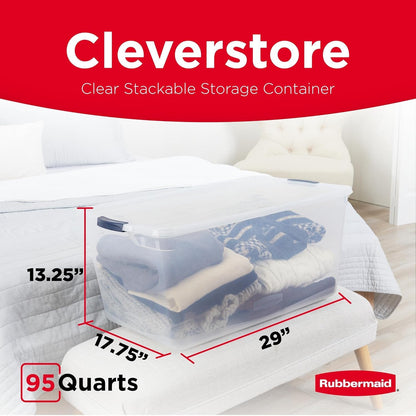 Rubbermaid Cleverstore 42 Quart Stackable Plastic Storage Bin with Lids for Garage, Closet, and Classroom, Clear, 4 Pack