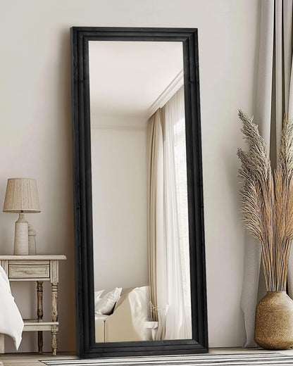 Full Length Mirror 65"x22" with Stand Solid Wood Frame Floor Large Mirror for Living Room, Bedroom Hanging Standing or Leaning Wall-Mounted, New Black