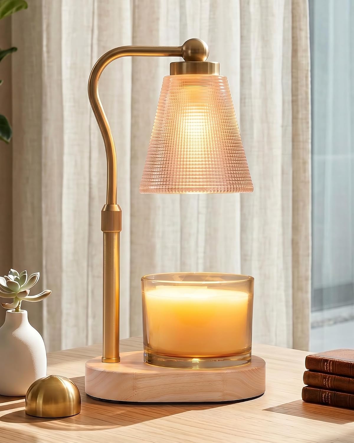 Candle Warmer Lamp with Timer - Adjustable Height & Brightness - Wood Base Glass Shade - 2 Bulbs Included(Square Gold)