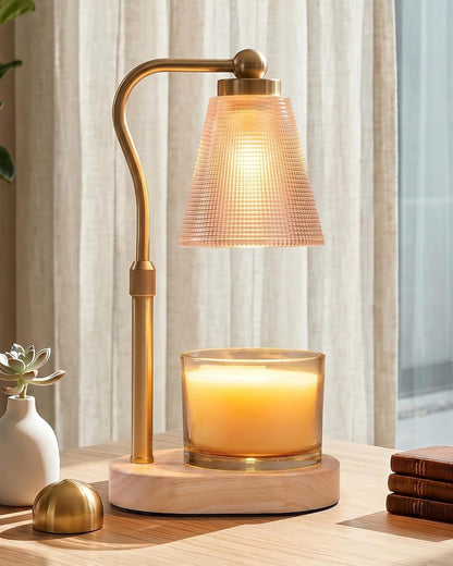 Candle Warmer Lamp with Timer - Adjustable Height & Brightness - Wood Base Glass Shade - 2 Bulbs Included(Square Gold)