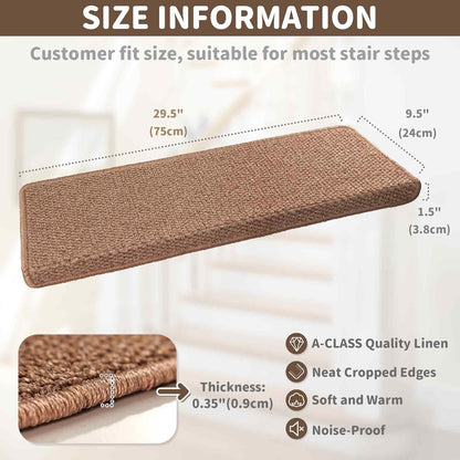 Brakki Bullnose Carpet Stair Treads, Non Slip Stair Treads for Wooden Steps Indoor, Stair Runner, Soft Stair Rugs, Edging Stair Protectors, Washable, 29.5"x9.5"x1.5" 14pcs, Beige