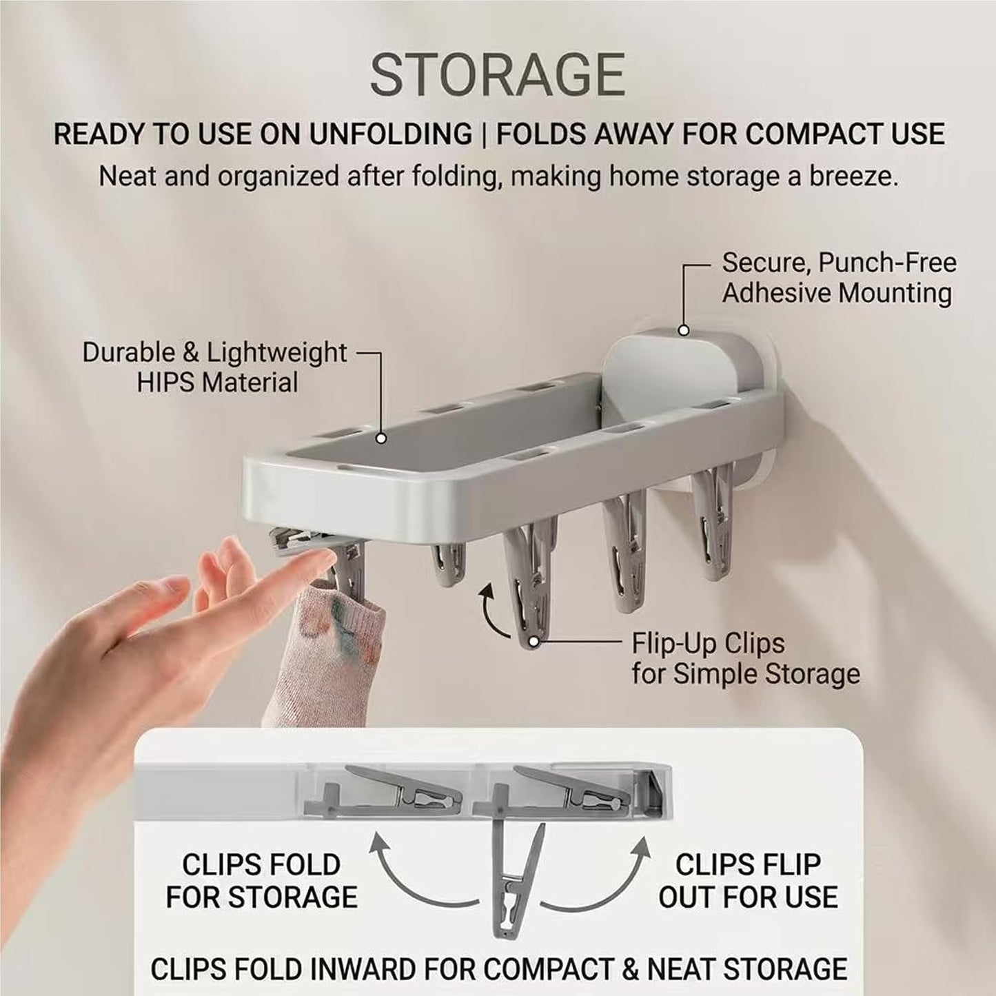 Foldable Wall Mounted Drying Rack with 7 Hidden Clips, Punch-Free Adhesive Sock & Underwear Hanger, Collapsible Space-Saving Laundry Rack for Bathroom, Balcony & Washstand, Holds 11 lbs (White-1 Pcs)