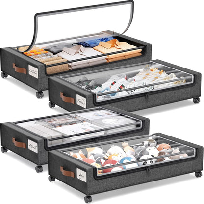 Yecaye Under Bed Storage with Wheels, 2 Pack Under Bed Storage Containers, 60L Underbed Shoe Storage with Clear Window & Label, Rolling Under Bed Metal Drawer for Clothes, Shoes, Books, Blankets