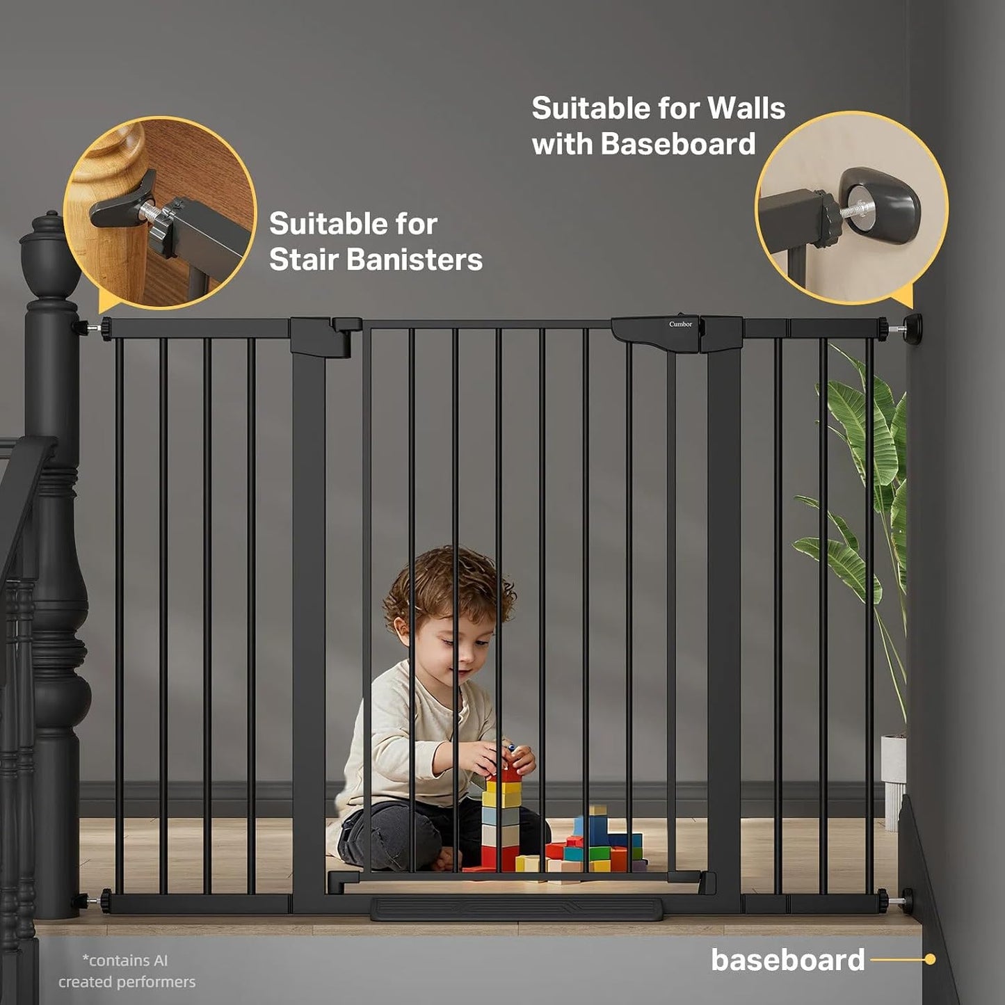 Cumbor 29.7-48" Baby Gate for Stairs, Mom's Choice Awards Winner-Dog Gate for Doorways, Auto Close Safety Pet Gate for Dogs Indoor, Easy Install Pressure Mounted Child Gate with Walk Thru Door, Brown