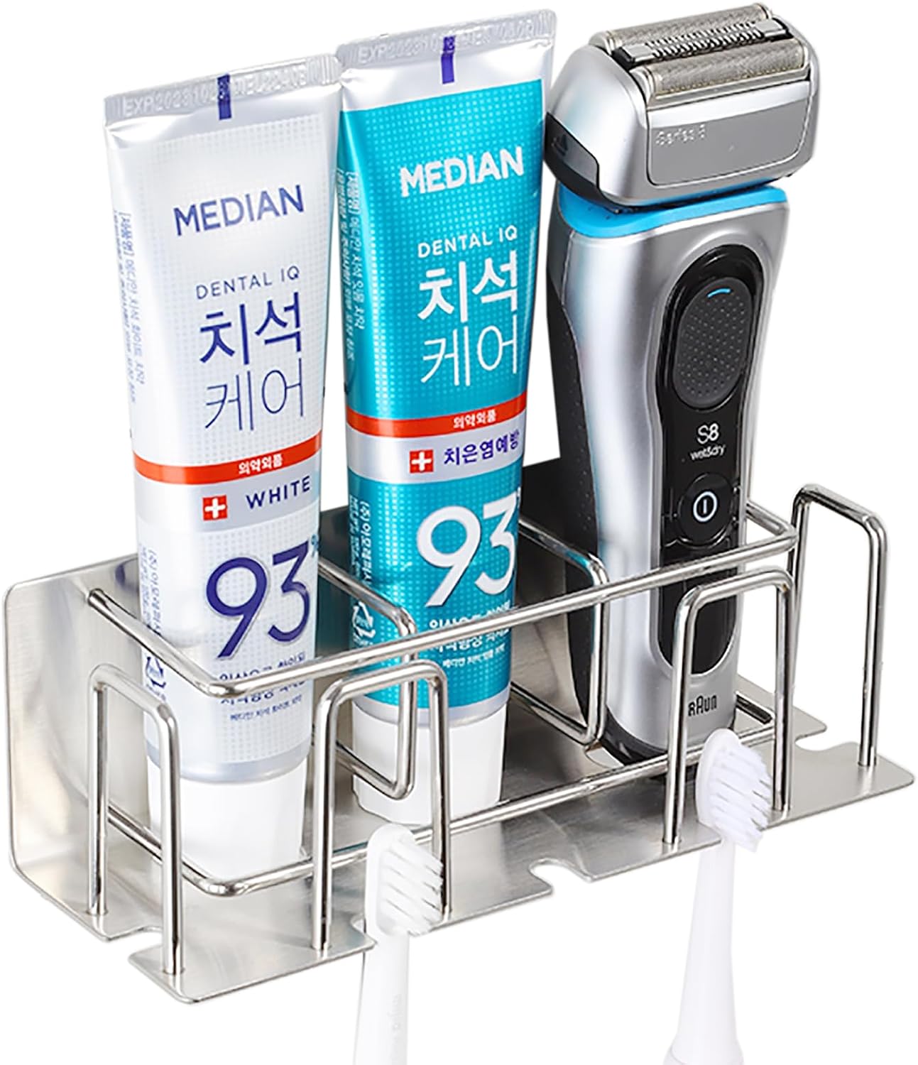 HANZE 2 Pack Toothbrush Holder 304 Stainless Steel Adhesive Wall Mounted 3 in 1 with Toothbrush Holder Toothpaste Holder and Cup Holder for Bathroom Shower