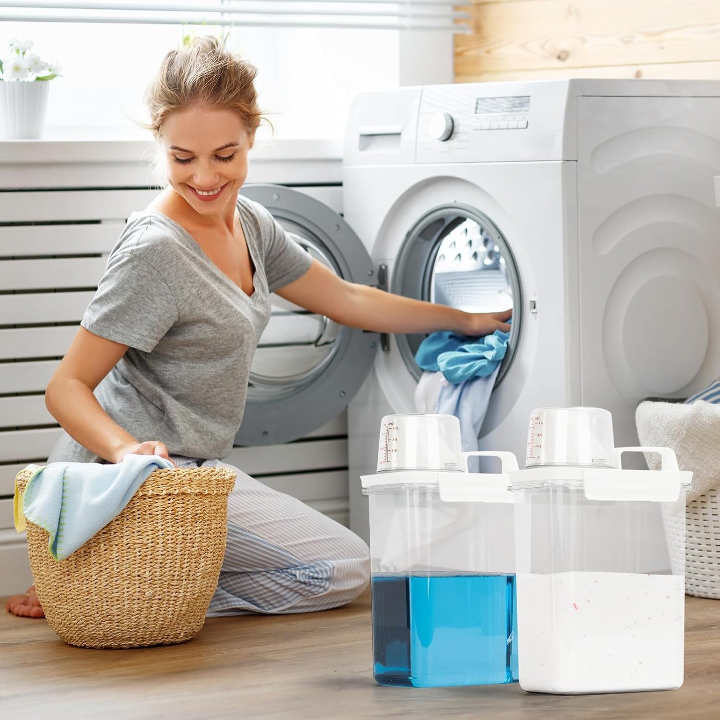Provoue Laundry Detergent Dispenser-2 Pack, 37 oz Detergent Dispenser with 4 Removable Labels, Laundry Soap Dispenser for Laundry Room Organization and Storage, BPA Free & PET Plastic Clear
