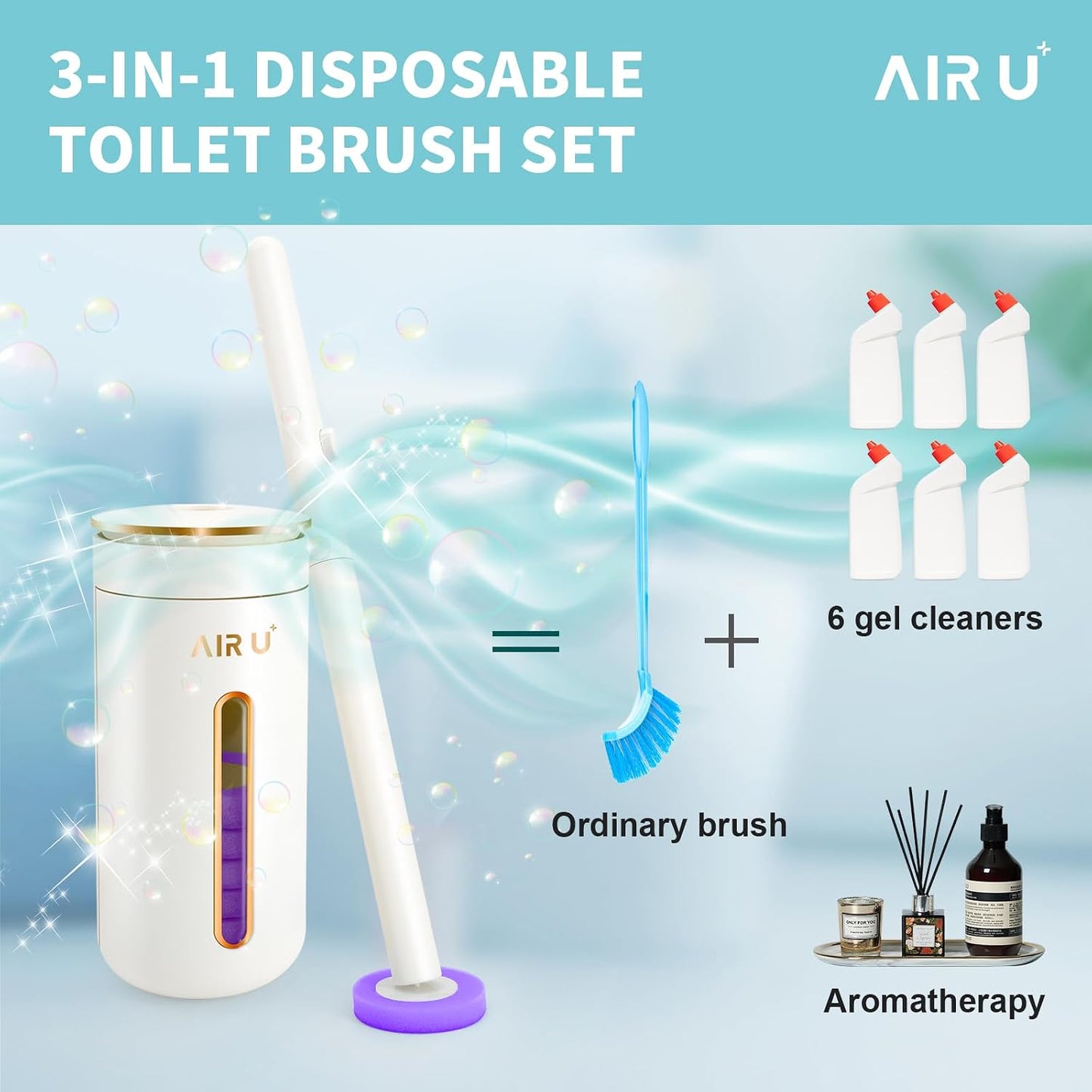 AIR U+ Disposable Toilet Brush, Toilet Bowl Cleaning System with 24 Count Wand Refill, Clean Brush Starter Kit with 1 Toilet Wand, 1 Storage Caddy and 1 Fragrant Tablet (1 + 24)