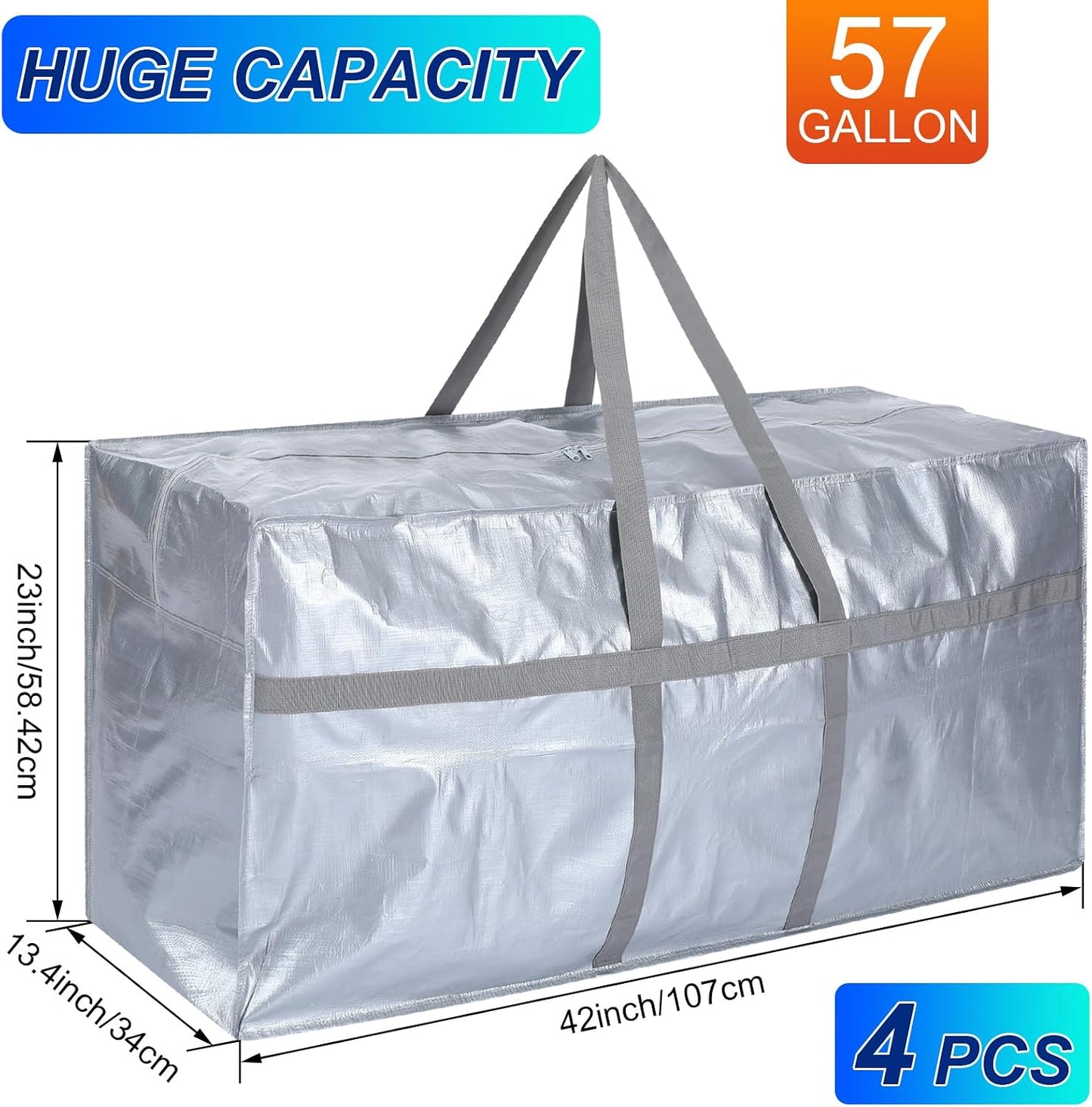 Windyun 4 Pack 57 Gallon Extra Large Moving Bags XXL Heavy Duty Storage Bag with Strong Zipper Handle Jumbo Big Tote Box Foldable for College Dorm Travel Clothes Duffle Blanket Pillow(Red)