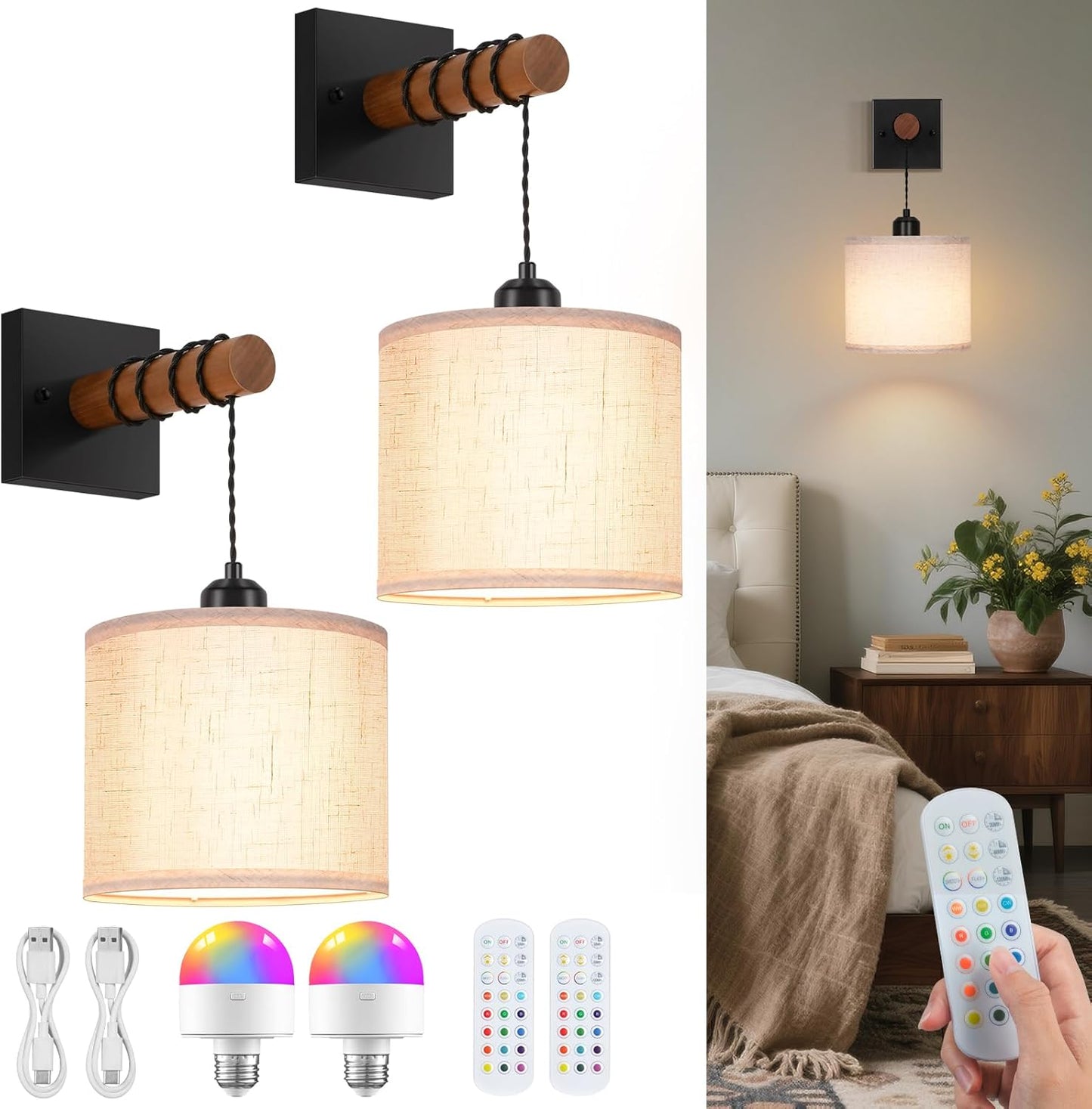 Rechargeable Battery Operated Wall Sconce Set of Two, 8000mAh Wireless Wall Sconces with RGB 15 Colors & Remote Control, Dimmable Wall Lamps for Living Room Bedroom, Gold