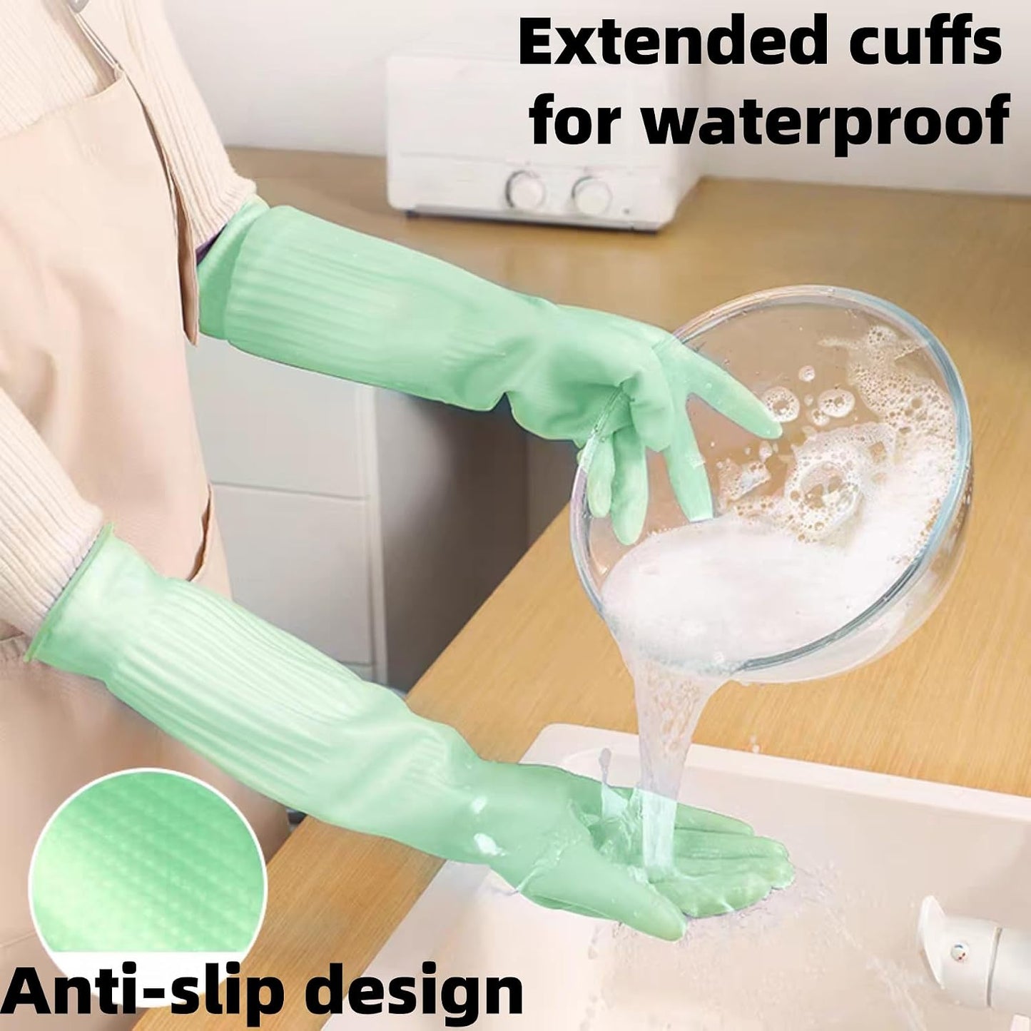 18inch Household Cleaning Rubber Kitchen Waterproof Long Gloves,Reusable Durable Anti Slip Work Latex Gloves