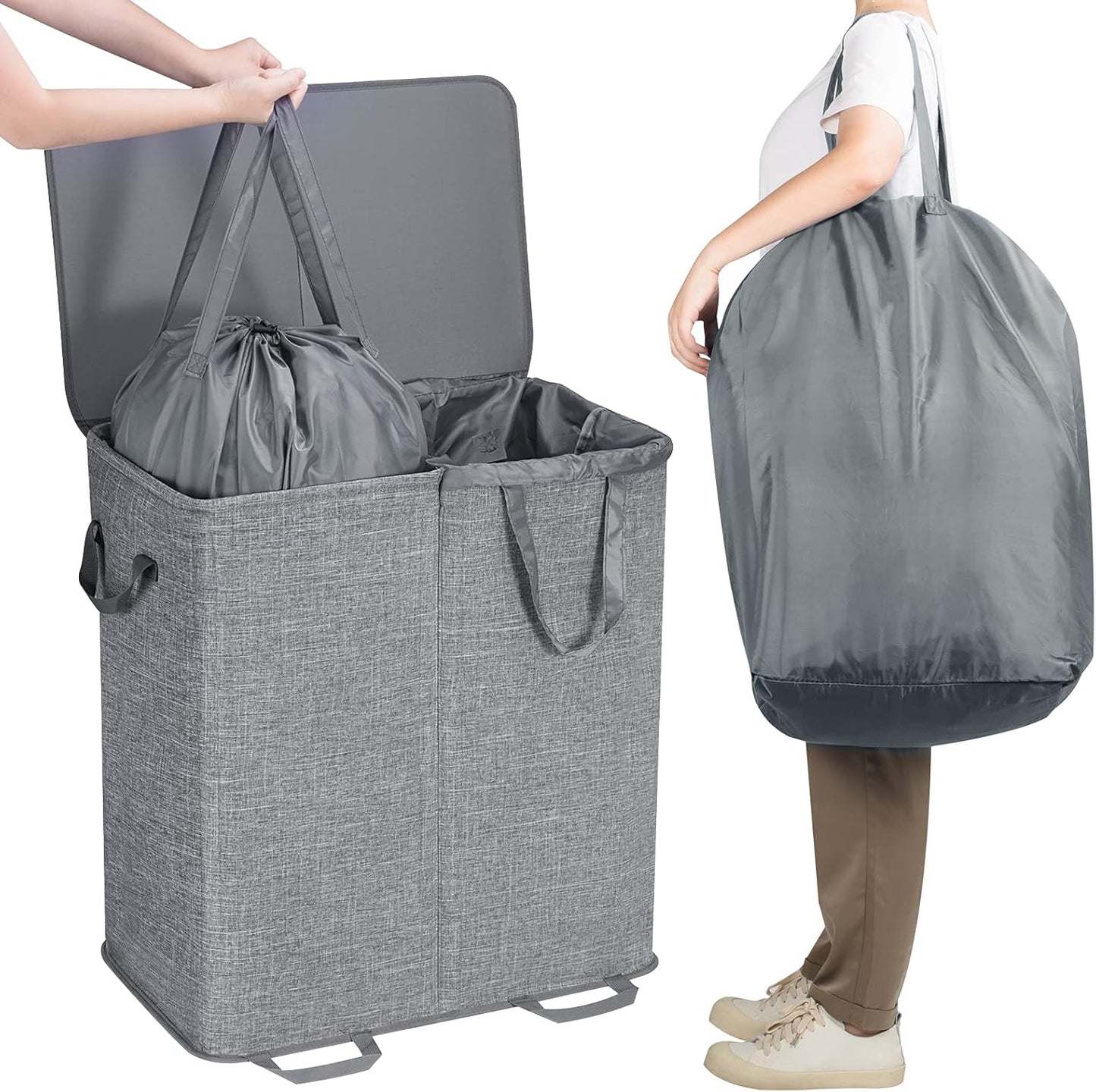 Lifewit Double Laundry Hamper with Lid and Removable Laundry Bags, Large Collapsible 2 Dividers Dirty Clothes Basket with Handles for Bedroom Laundry Room Closet Bathroom College, 136L Beige