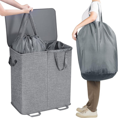 Lifewit Double Laundry Hamper with Lid and Removable Laundry Bags, Large Collapsible 2 Dividers Dirty Clothes Basket with Handles for Bedroom Laundry Room Closet Bathroom College, 136L Beige