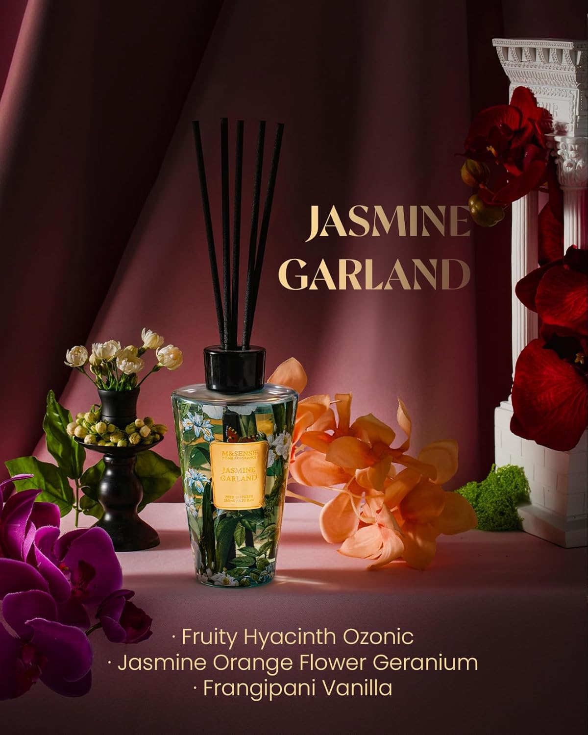 M&SENSE Reed Diffuser Set, Jasmine Sandalwood Scented 6.3 fl oz Natural Essential Oil Diffusers with Sticks, Non-Toxic Organic Air Freshener, Long-Lasting Fragrance Oils for Home Bathroom Living Room