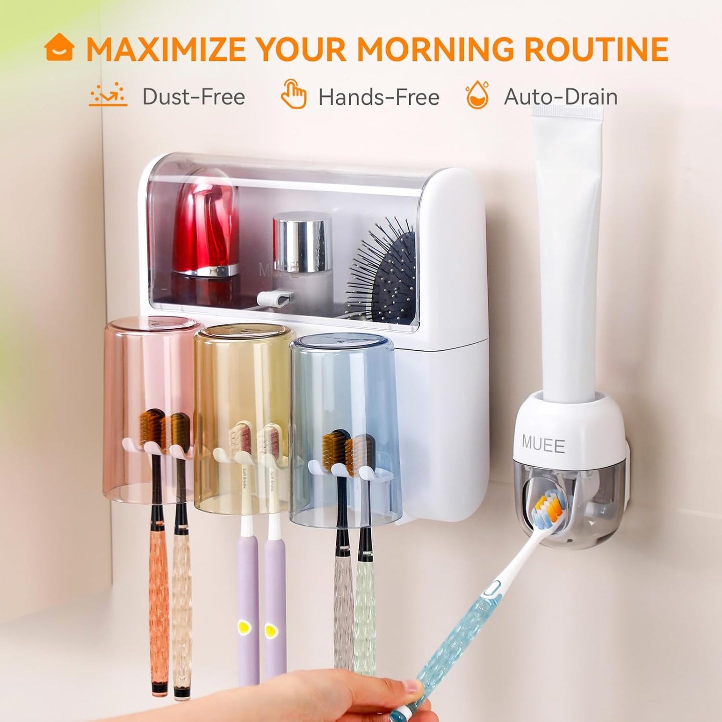 Toothbrush Holder Wall Mounted with Automatic Toothpaste Dispenser, Dustproof Flip Cover and Inverted Cup Slots, Multi-Functional No-Drill Bathroom Organizer for Family, Space Saver (3 Cups)