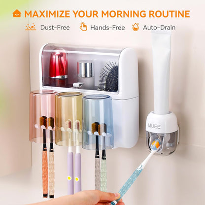Toothbrush Holder Wall Mounted with Automatic Toothpaste Dispenser, Dustproof Flip Cover and Inverted Cup Slots, Multi-Functional No-Drill Bathroom Organizer for Family, Space Saver (3 Cups)