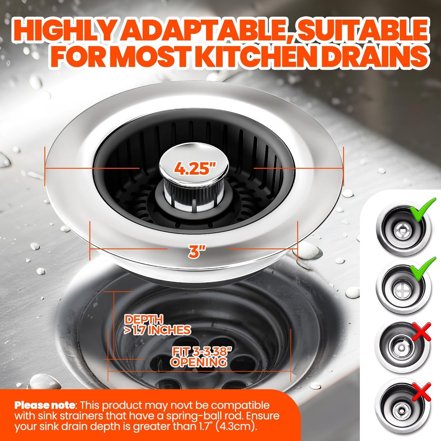 2 Pack Sink Drain Strainer - Sink Stopper, 3 in 1 Stainless Steel Kitchen Drain Plug with Deep Anti-Clog Basket and Odor-Blocking Seal, Pop-Up Design Fits Standard 3-1/2 Inch Sink