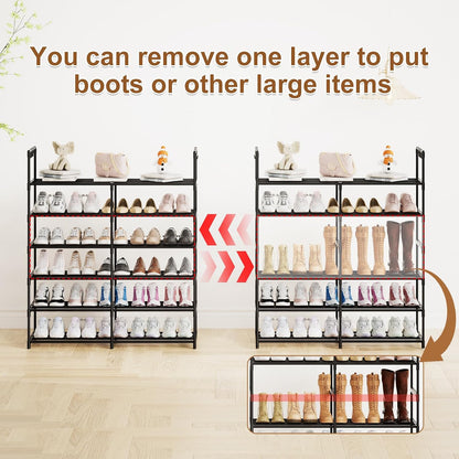 3 Row 4 Tier Long Shoe Rack, Black Metal Stackable Shoe Shelf with Multifunctional Hooks, Shoe Storage Hold 24-30 Pairs, Space Saving Shoe Organizer for Closet,Wide Shoe Rack