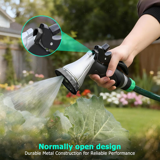 QUOBAS Metal Garden Hose Nozzle, Heavy Duty Water Hose Sprayer, Leak Proof | 10 Pattern Water Nozzle with Rubber Gasket, Garden Sprayer for Watering Plants, Washing Cars, Pet Shower, Blue