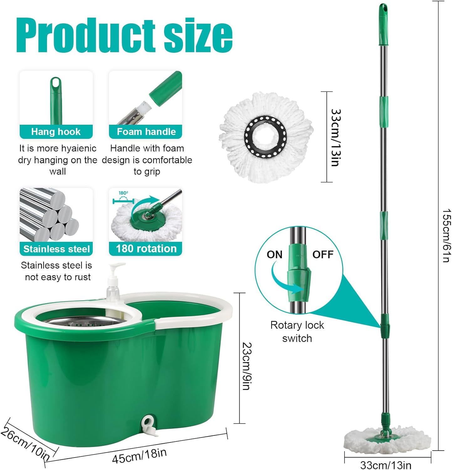 Spin Mop and Bucket with Wringer Set, 360° Spinning Mop Bucket System with 3 Microfiber Mop Replacement Heads and 50" Stainless Steel Adjustable Handle for Floor Cleaning