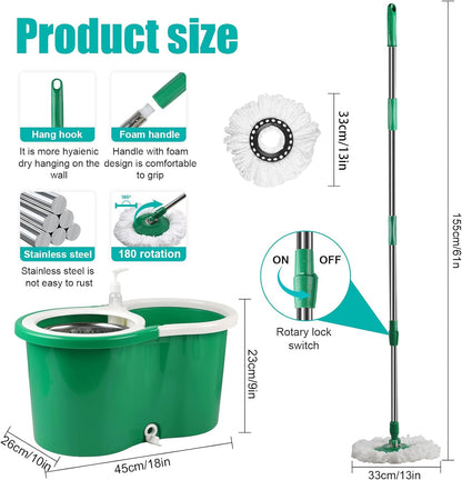 Spin Mop and Bucket with Wringer Set, 360° Spinning Mop Bucket System with 3 Microfiber Mop Replacement Heads and 50" Stainless Steel Adjustable Handle for Floor Cleaning