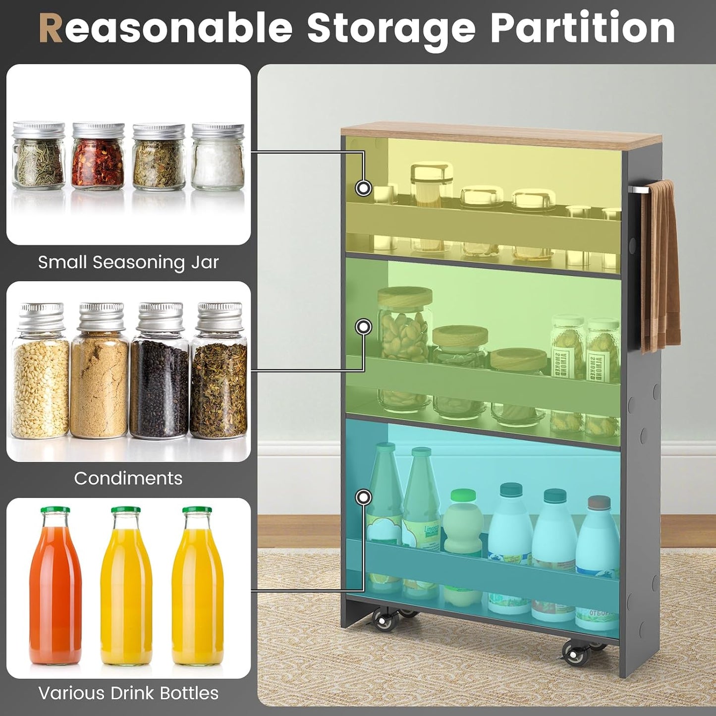 COSTWAY Slim Rolling Storage Cart, 4-Tier Rolling Utility Cart, Wood Kitchen Storage Cart with Handle & Wheels, Narrow Rolling Shelving Unit for Kitchen Bathroom Laundry Small Places (Plain White)