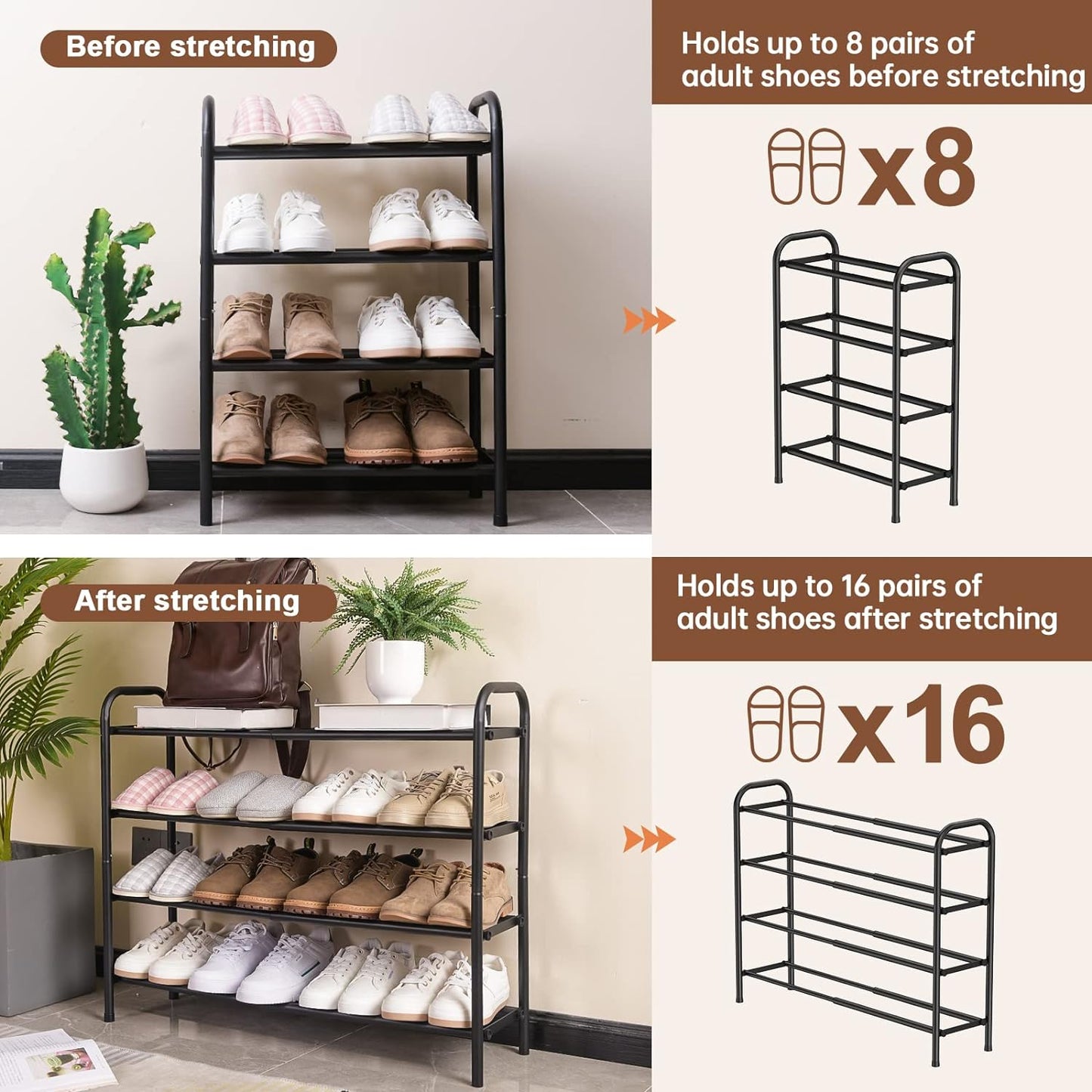 Gonfoam Shoe Rack for Closet, Expandable Shoe Organizer Storage Shelf, Adjustable Metal Free Standing Small Closet Shoe Rack for Entryway, Doorway (2-Tier Black)
