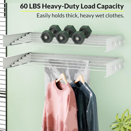 Wall Mounted Drying Rack, 23.6" Retractable Clothes Drying Rack, Heavy Duty 60LB Capacity with 4 Stainless Steel Rods, Foldable Laundry Rack for Indoor Laundry Room, Balcony & Bathroom