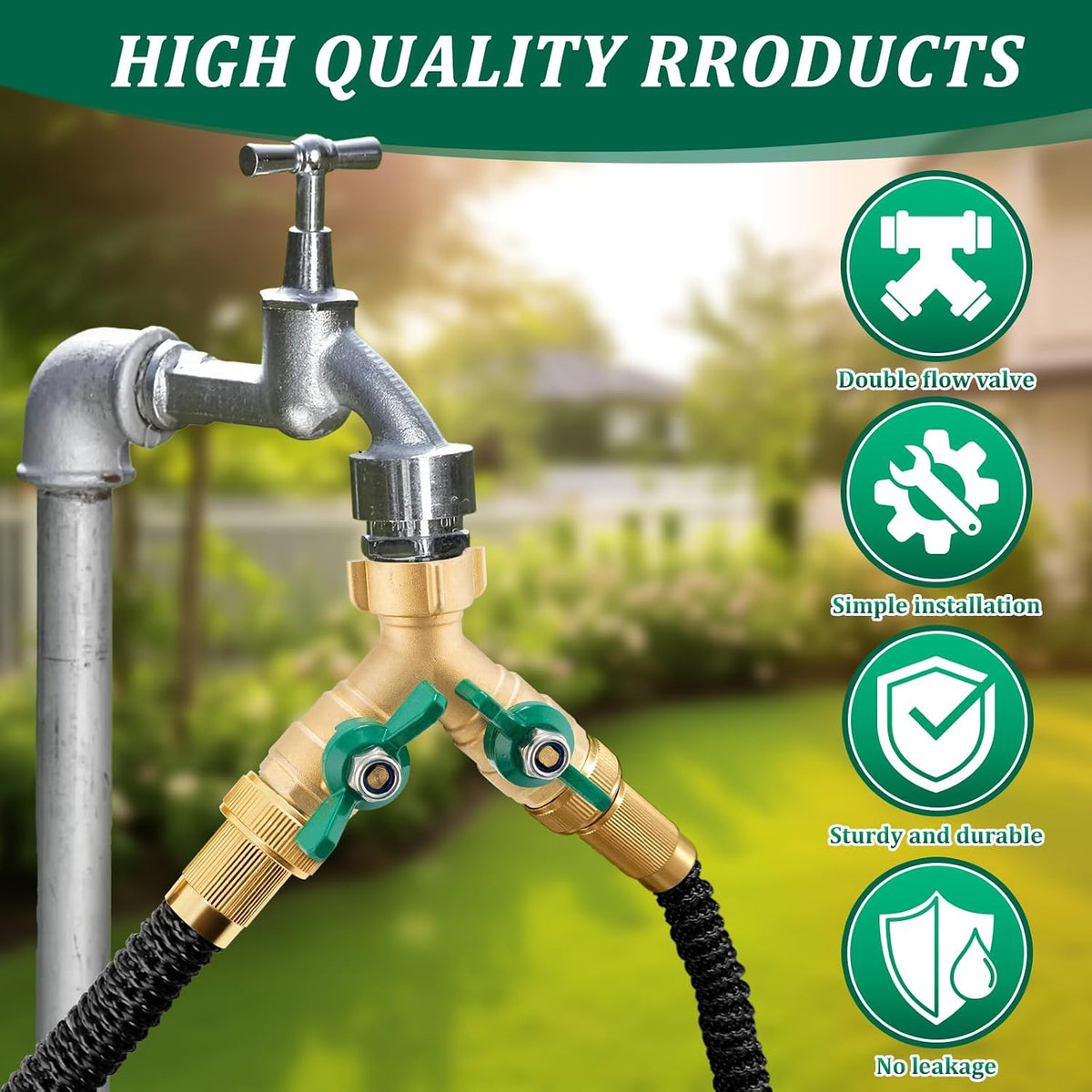 Garden Hose Splitter 2 Way, Heavy Duty Brass Hose Splitter, 3/4" GHT Hose Y Splitter with Shutoff, Full Flow Outdoor Faucet Splitter, Water Hose Y Valve Tap Adapter