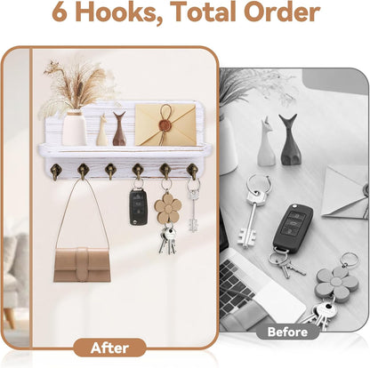 Key Holder for Wall, Mail Organizer Wall Mount with 6 Hooks Wooden Hanging Key Rack for Home Decor, Hallway, Entryway (Brown)