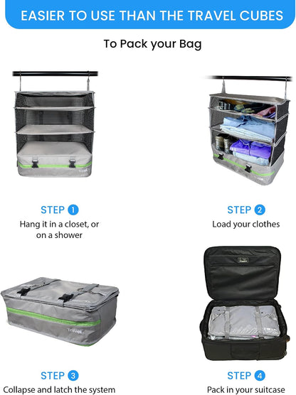 Grand Fusion Stow-N-Go Hanging Travel Shelves, Packing Organizer for Luggage. Carry on Closet for Suitcase. Expandable Packing Cube. Travel Essentials. (Black - L, L = (L) 11.8" x (W) 11.8")