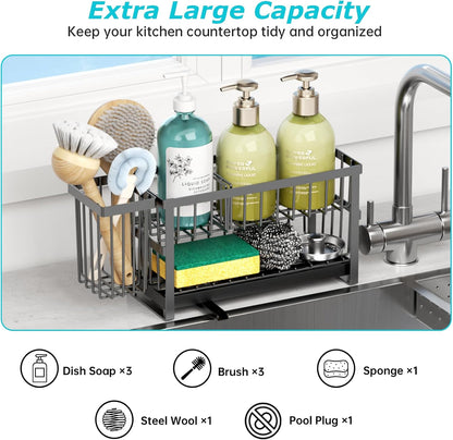 Liuoud Sponge Holder for Kitchen Sink, 2 Tier Sink Caddy Organizer Countertop with Dish Brush Holder and 360° Drain Tray, Rustproof Stainless Steel Dish Soap Storage Rack Set for Accessories Grey