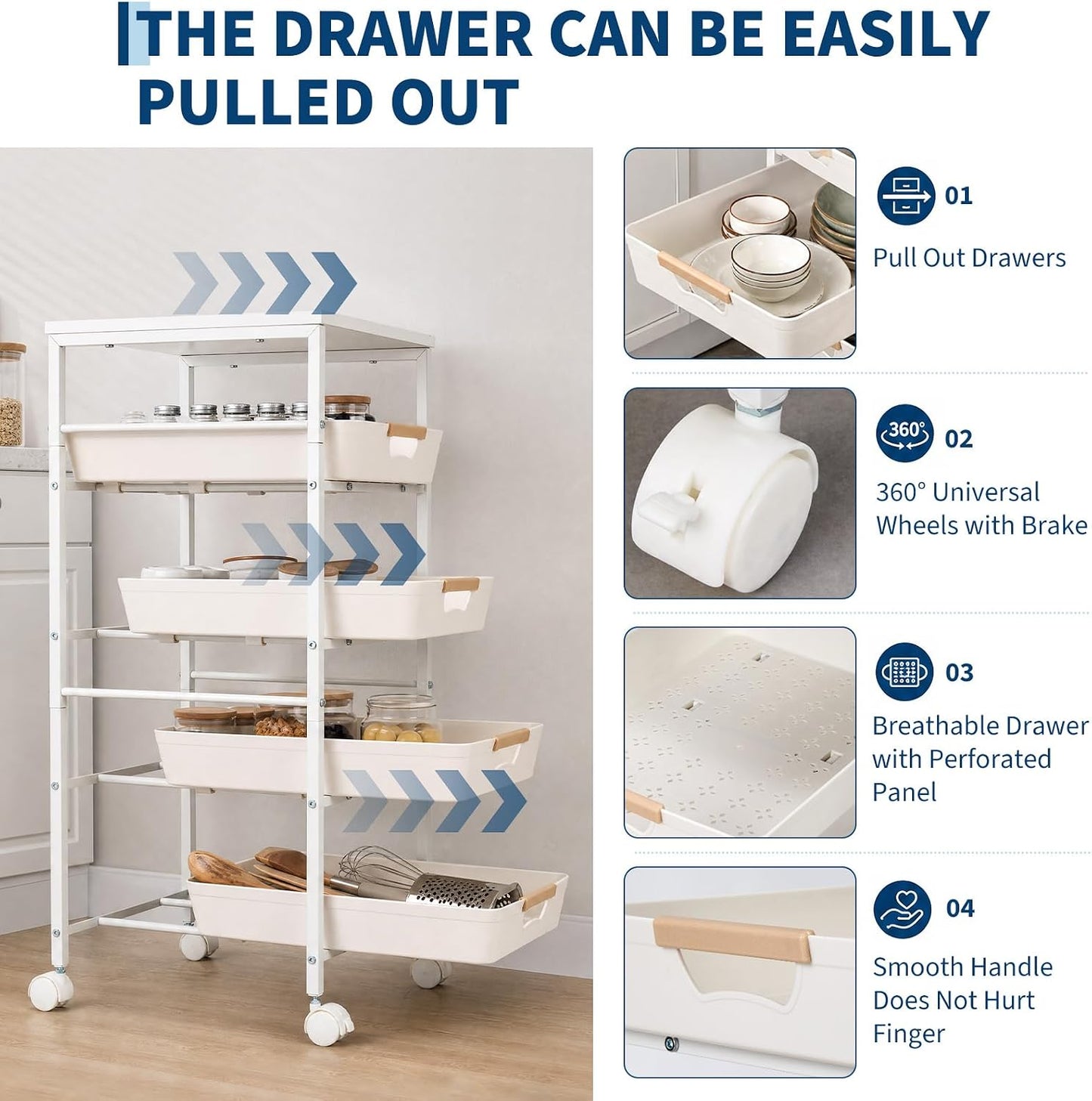 Garvee 5-Tier Slim Rolling Storage Cart, 12.6" Wooden Top Narrow Kitchen Carts on Wheels with Pull-Out Baskets, Mobile Shelving Unit Organizer for Kitchen, Bathroom, Laundry Room, Small Spaces
