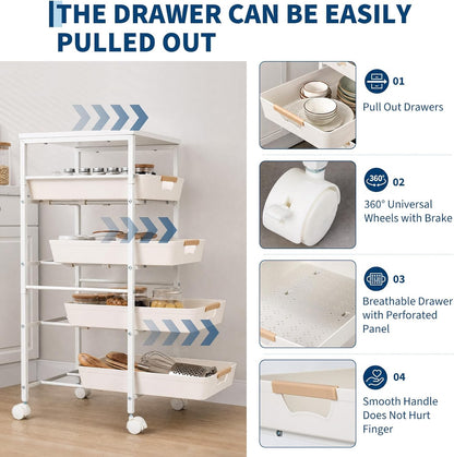 Garvee 5-Tier Slim Rolling Storage Cart, 12.6" Wooden Top Narrow Kitchen Carts on Wheels with Pull-Out Baskets, Mobile Shelving Unit Organizer for Kitchen, Bathroom, Laundry Room, Small Spaces