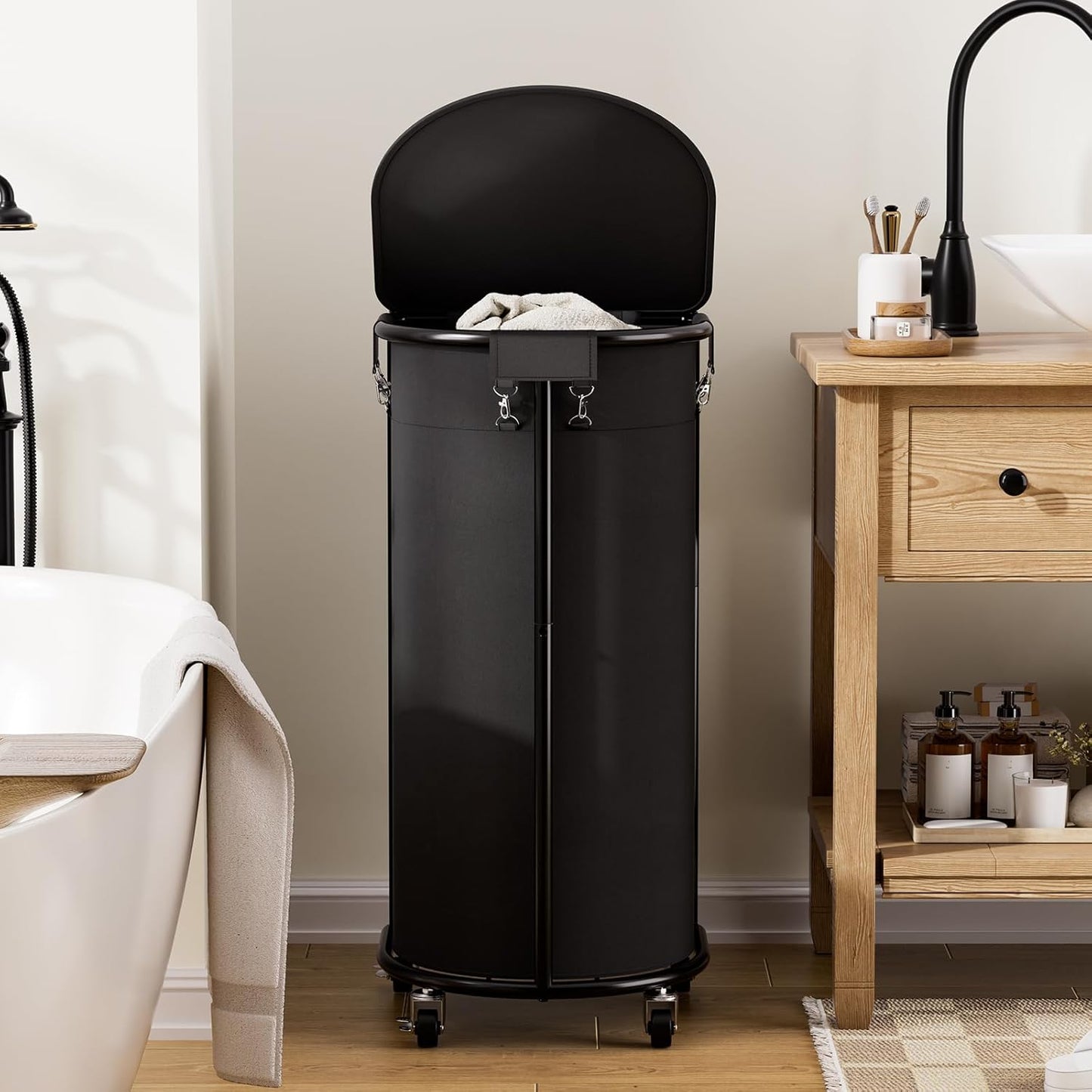 200L Double Laundry Hamper with Lid and Wheels, Large Oval Rolling Laundry Basket 2 section, Sturdy Metal Laundry Cart with 2 Removable Bags, Dirty Clothes Organizer for Home, Dorm, Black