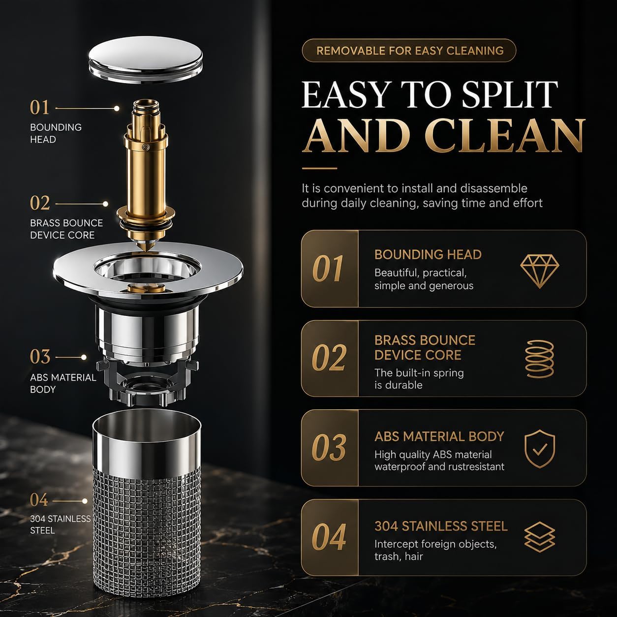 Stainless Steel Sink Drain Strainer Basket, Fine Mesh Kitchen Sink Filter with Hair Catcher, Anti-Clog Food Debris Catcher, Removable Basket, 5.9 cm Flange, 3 cm Filter Diameter