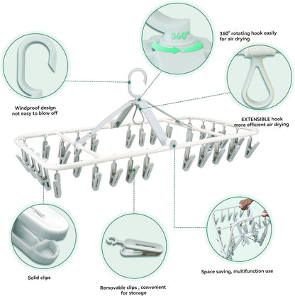 Plastic PP Drying Hanger, Anti-Rusty Drying Rack for Clothes, Socks, Lingeries, Delicates, Drying Hanger with 32 Clips for Baby Clothes, Towels