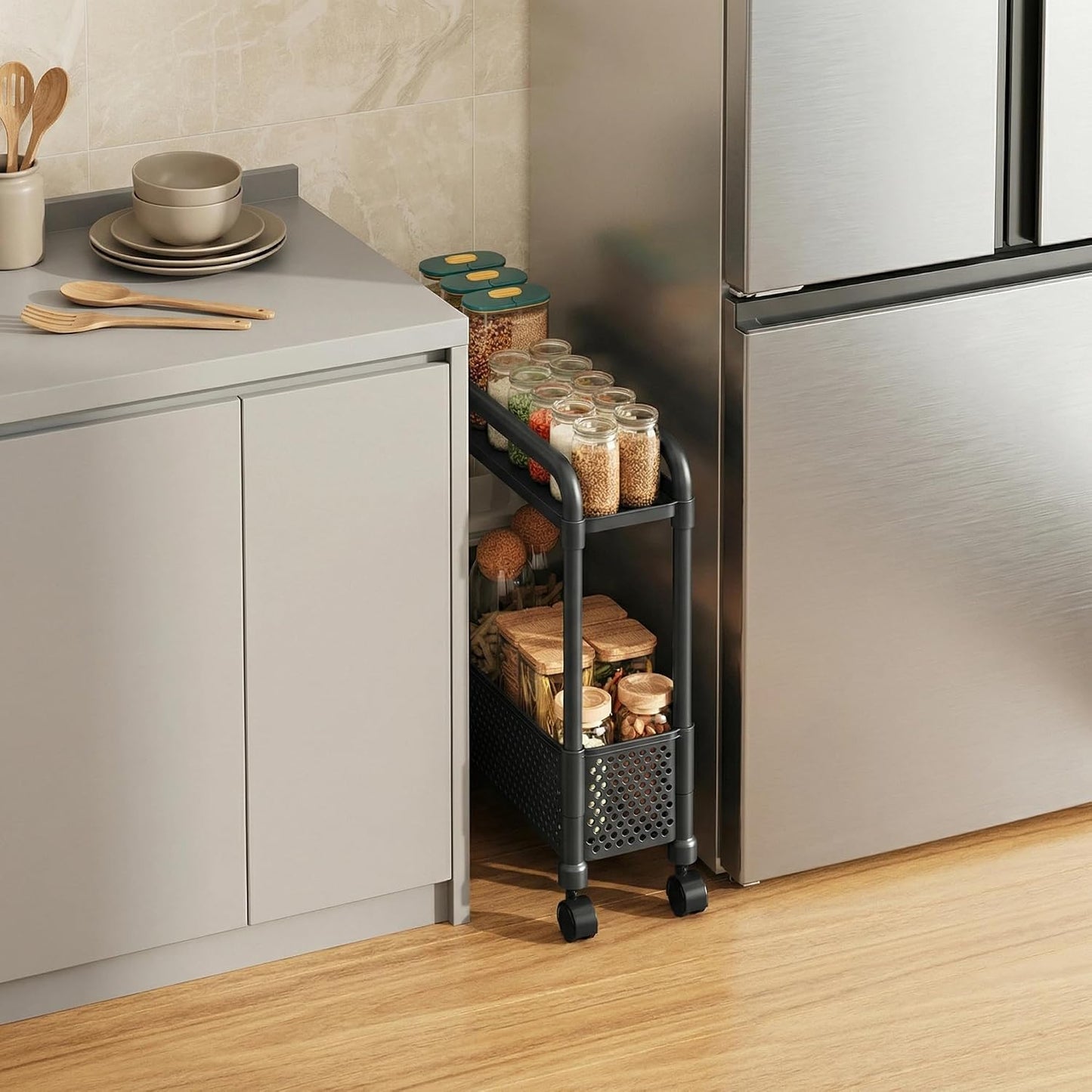Slim Storage Cart, Plastic Kitchen Gap Storage, Multi-Layer Organizer with 360° Swivel Wheels for Kitchen Bathroom (Black,3 Tier)